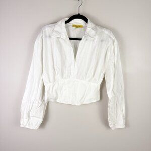 Circus NY White Cotton Blouse Small Long Sleeve Collared Peplum Hem Top Women’s
